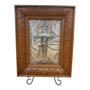 Crucifix on Velvet Convex Glass Wood Art Frame Silver & Gold Tones 15”x12.5”